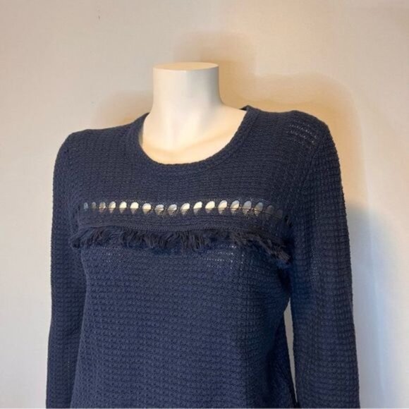 J. Crew Crochet Fringe Boho Long Sleeve Navy Sweater Size Small - Picture 9 of 10